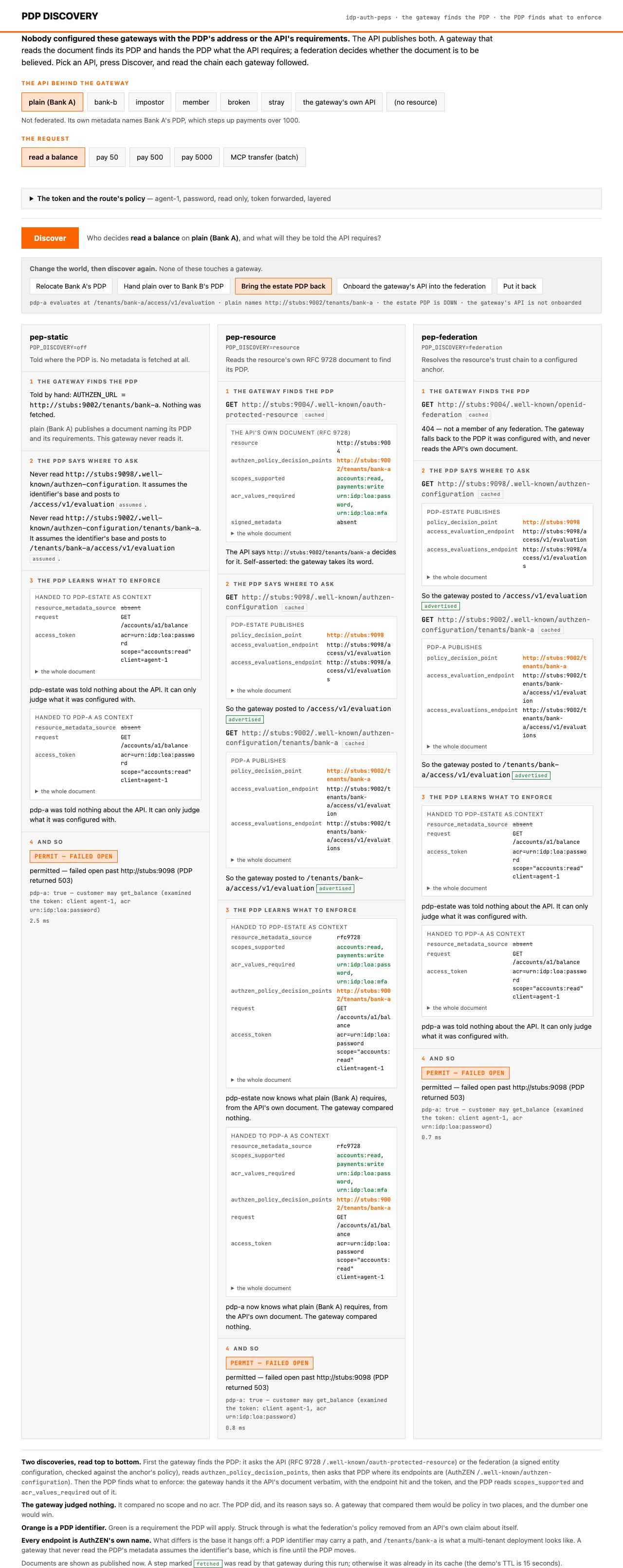 The console with the estate PDP down and the estate layer marked fail-open: permits marked FAILED OPEN