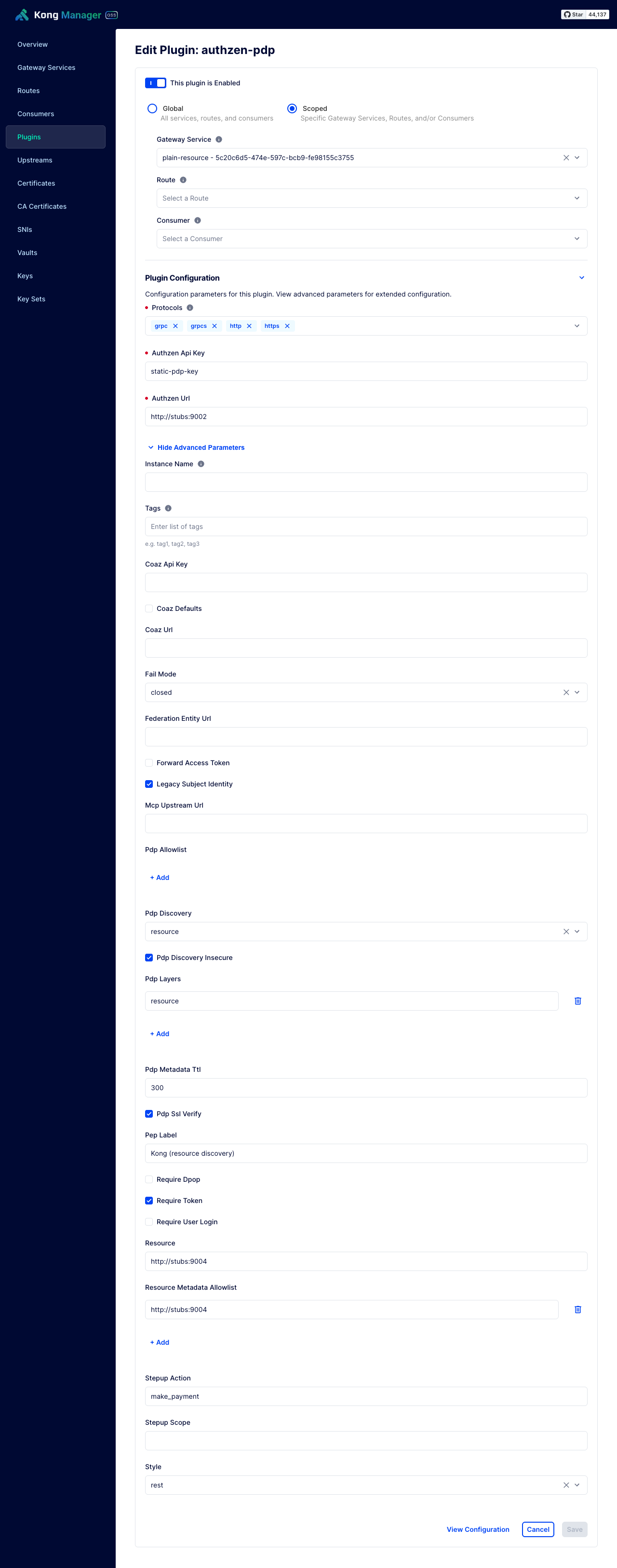 Kong Manager's edit form for the authzen-pdp plugin, every configuration field visible