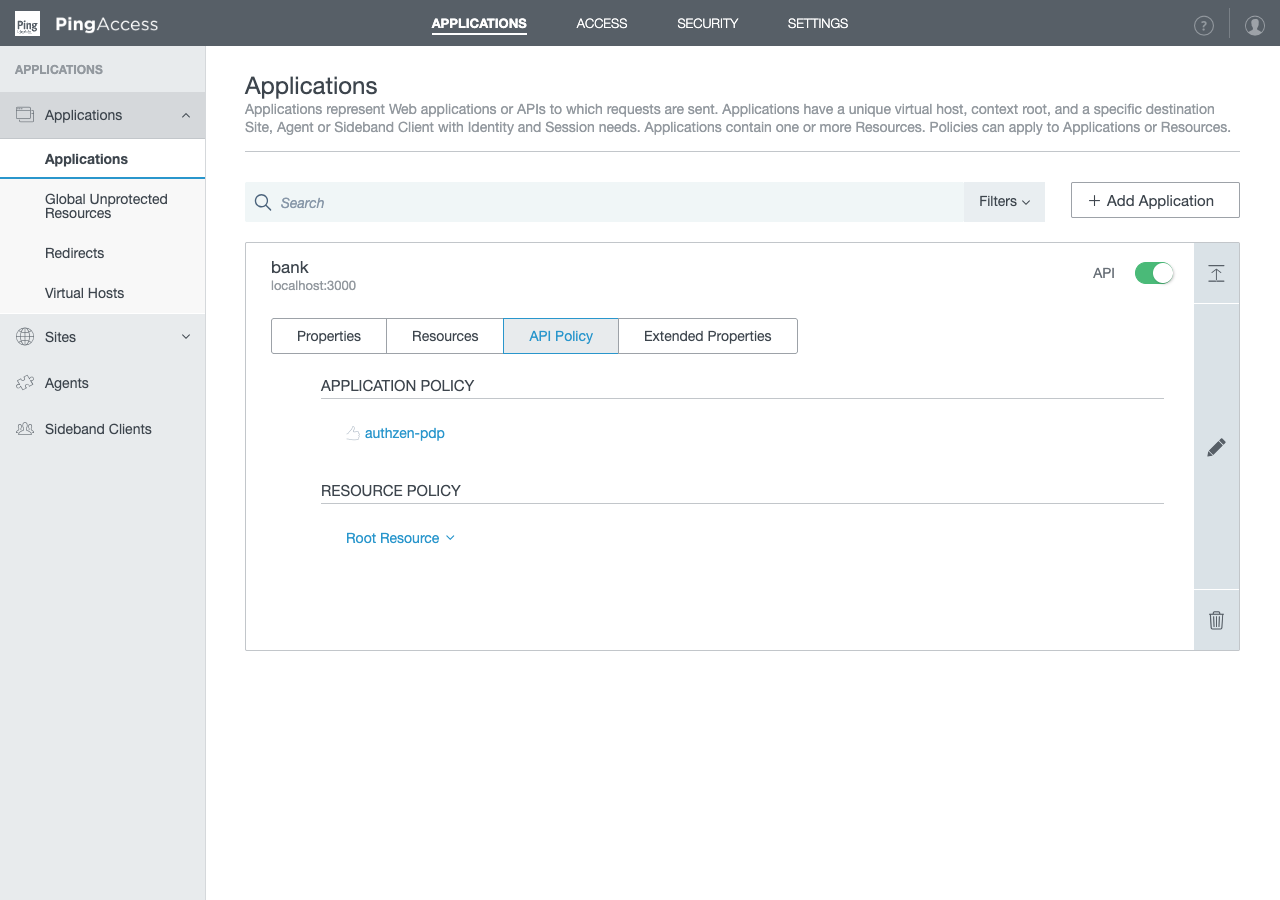 An application's API Policy tab in the PingAccess console with the rule attached