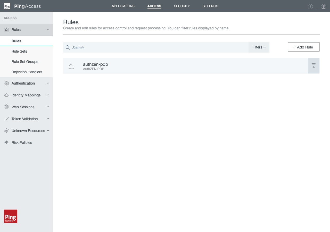 The PingAccess console's Access > Rules page listing the authzen-pdp rule of type AuthZEN PDP