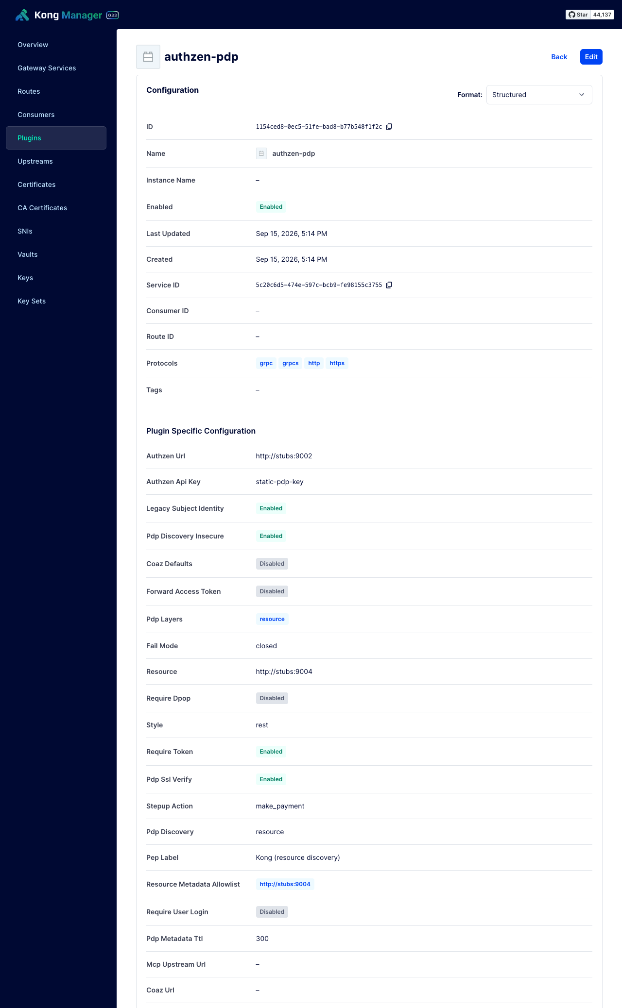 Kong Manager showing the authzen-pdp plugin's configuration