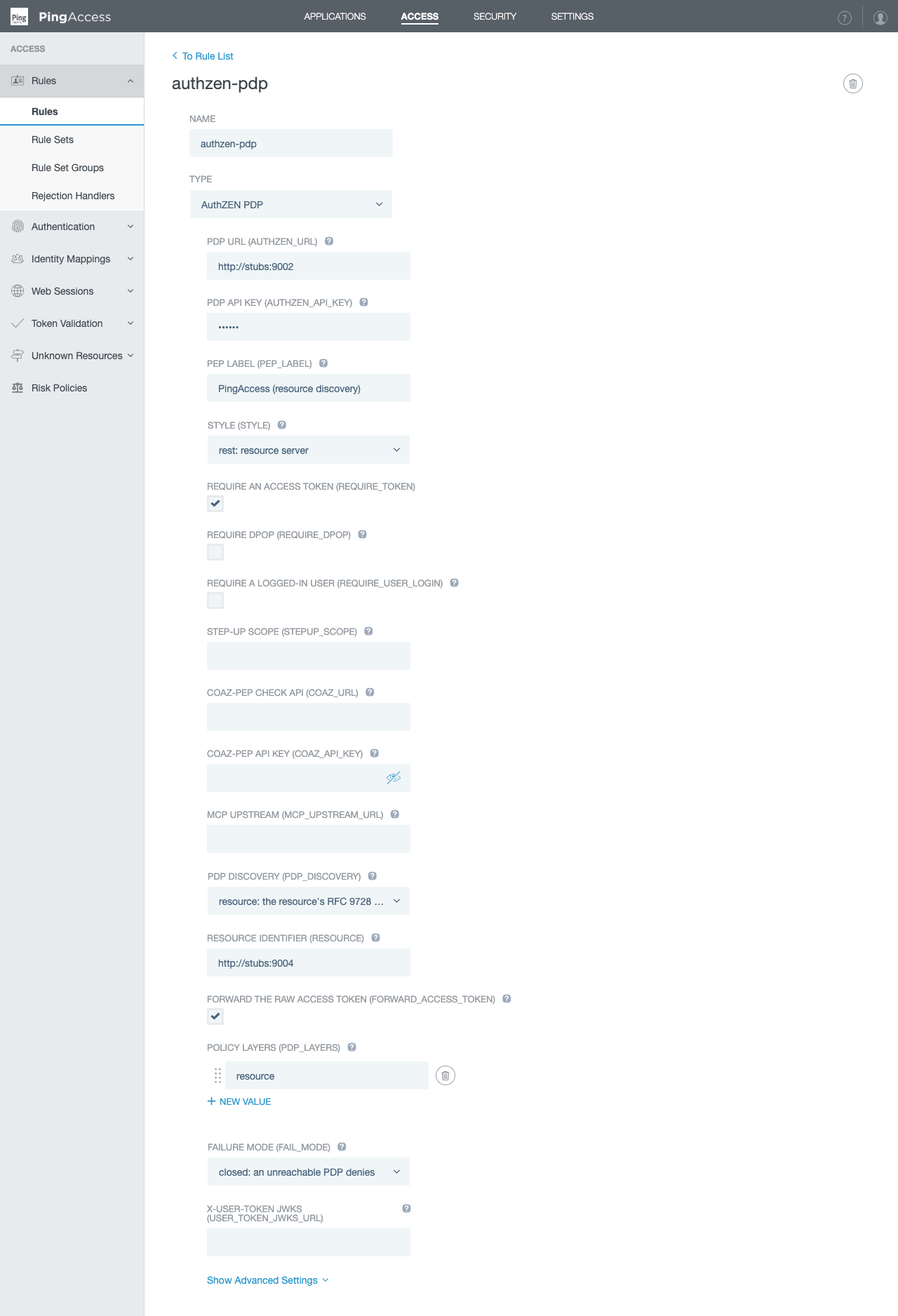 The PingAccess console showing the AuthZEN PDP rule's form